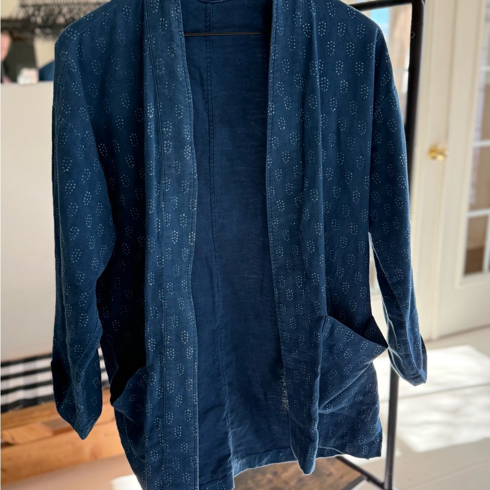 Eileen Fisher block-printed organic cotton kimono jacket - denim blue color.